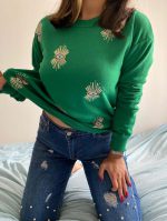 سویشرت زنانه نخی گلدوزی شده با پولک های چشمی برند Laderra