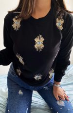 سویشرت زنانه نخی گلدوزی شده با پولک های چشمی برند Laderra