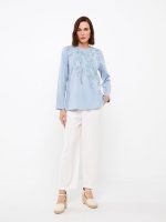 تی شرت زنانه آستین بلند چاپی یقه گرد ال سی وایکیکی