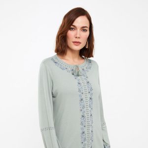 بلوز زنانه آستین بلند طرح دار یقه گره ای ال سی وایکیکی