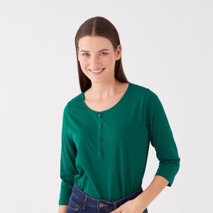 تی شرت ساده زنانه یقه دکمه دار ال سی وایکیکی